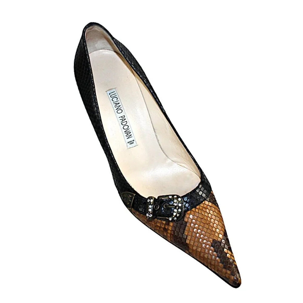 Luciano Padovan Two Tone Black Brown Snakeskin Leather Heel, Size 38 (US 7-7.5)